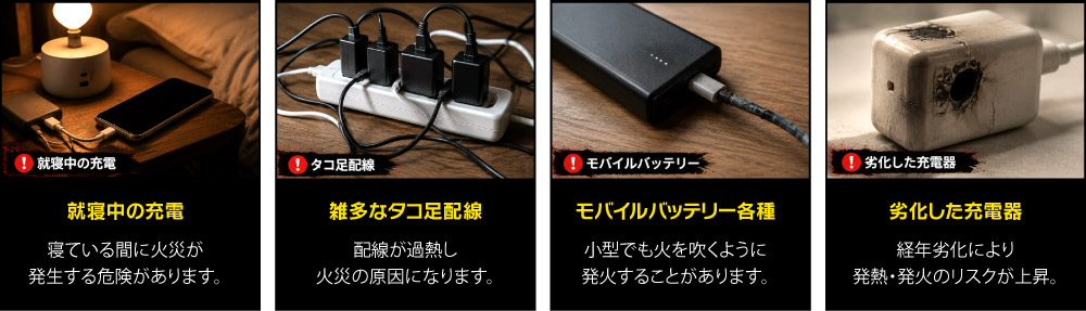 リチウムイオン電池火災、タコ足配線火災は初期消火が命を守る！留守中・就寝中・充電中・・・火災は突然発生します。