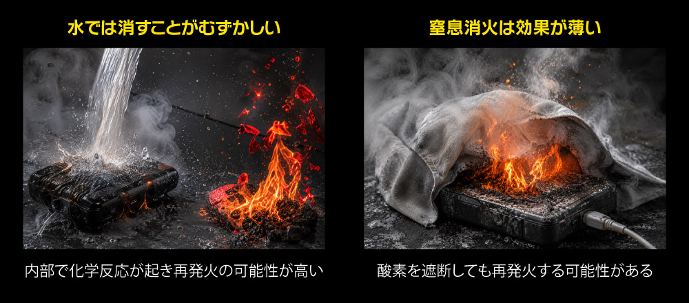 水では消すことがむずかしい：内部で化学反応が起き再発火の可能性が高い。窒息消火は効果が薄い：酸素を遮断しても再発火する可能性がある。